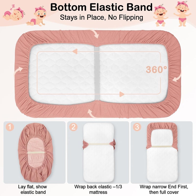 BeBeJoJo Baby Bassinet Sheets TPU Waterproof 2 Pack Soft Muslin Bedside Bassinet Mattress Sheets with Bottom Elastic Band for Baby Boy Girls Unisex Fit Hourglass Oval and Rectangle, Pink Beige - Image 4